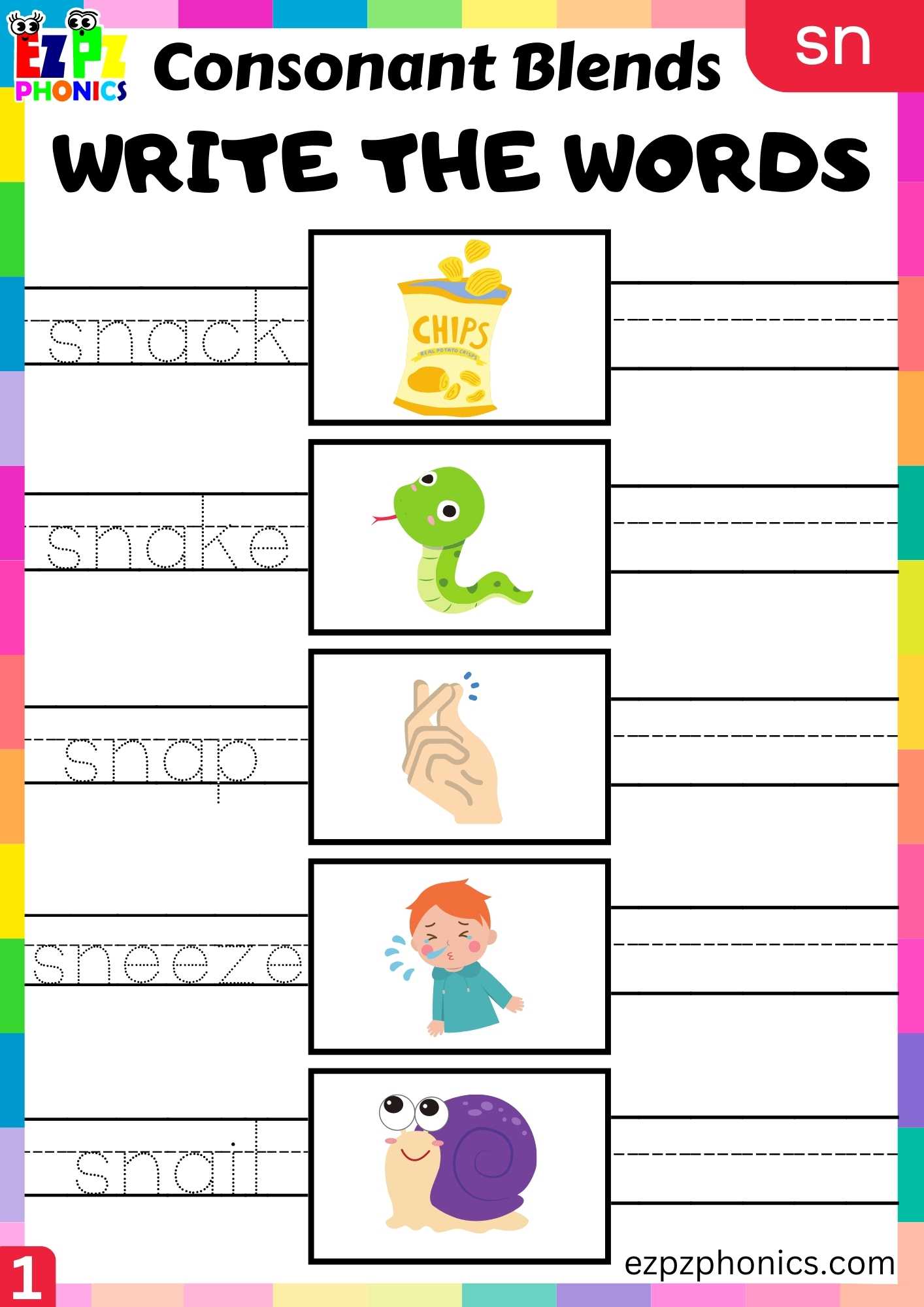 Group1 SN Words Write The Words Phonics Consonant Blends Worksheet